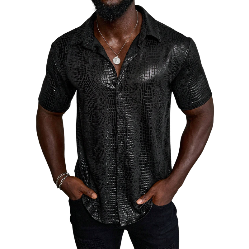Men's Vintage Crocodile Pattern PU Lapel Loose Short Sleeve Shirt MTA1331E9M