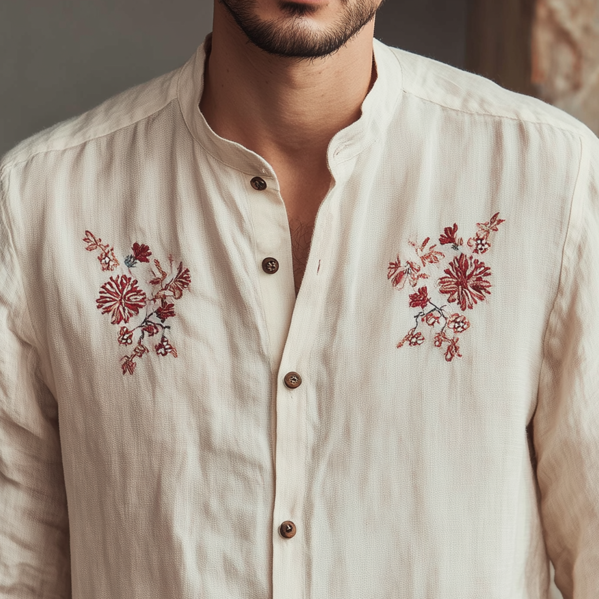 Men's Classic Casual Stand-up Collar Cotton Linen Cuffs And Chest Embroidery Loose Long Sleeve Shirt MTA2331G8K