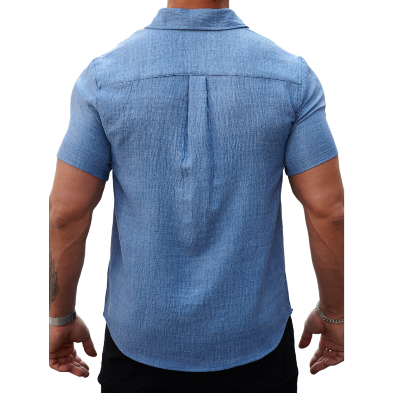 Men's Casual Cotton Linen Pleated Colorblock Lapel Slim Fit Short Sleeve Shirt MTA2680E3M