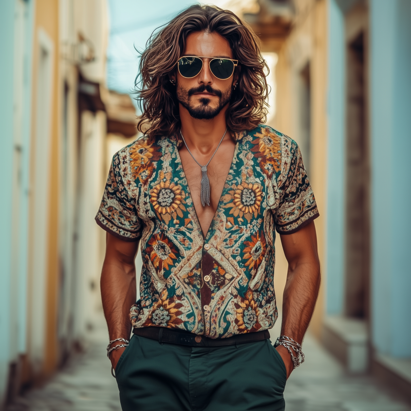 Men's Vintage Bohemian Print V-Neck Loose Short Sleeve Shirt MTA0446F4M