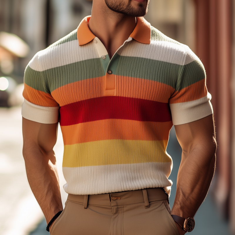 Men's Vintage Breathable Contrast Color Striped Lapel Slim Fit Knitted Short-sleeved Polo Shirt MTA2123G4M
