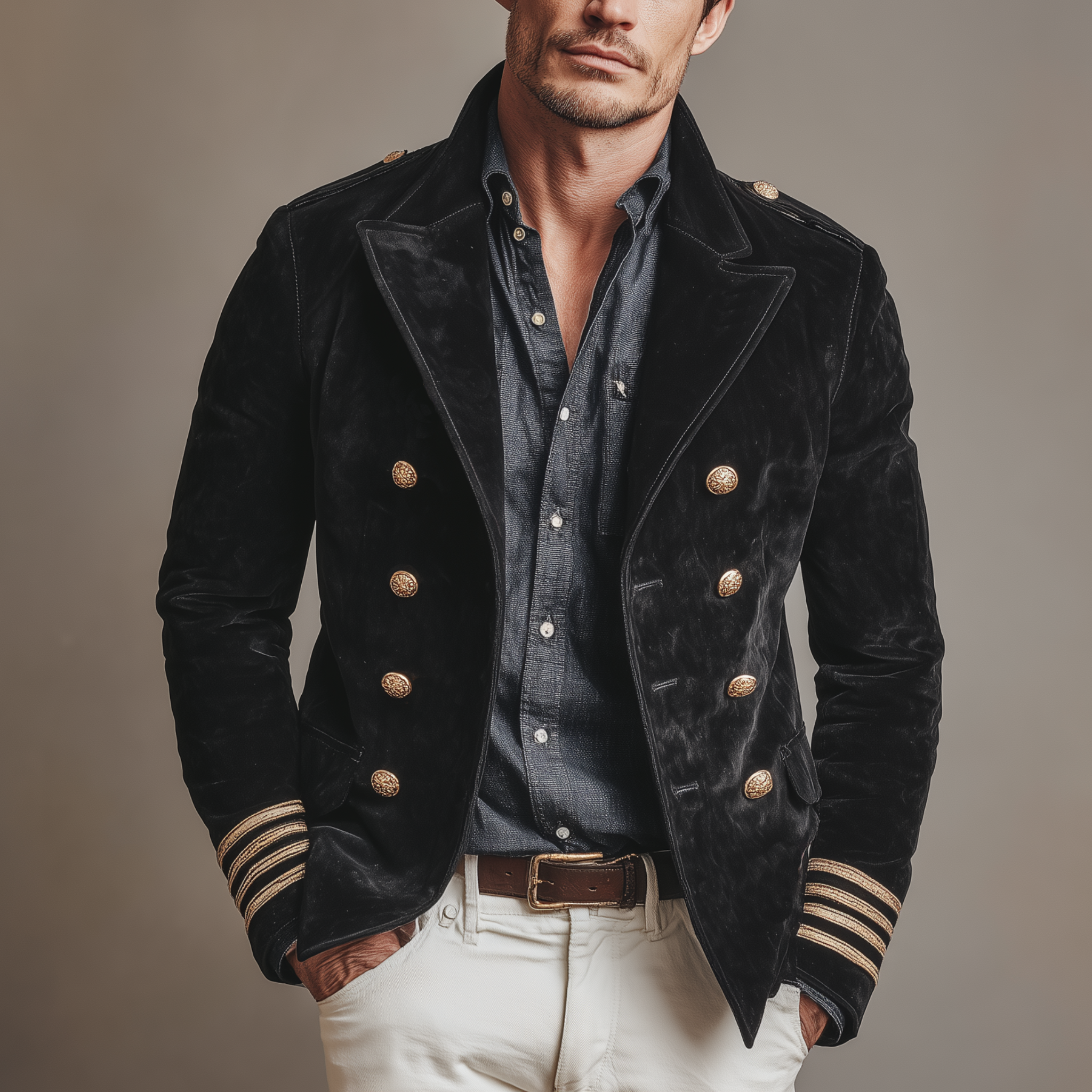 Men's Classic Retro Lapel Double-breasted Epaulette Suede Jacket MTA1581I5K