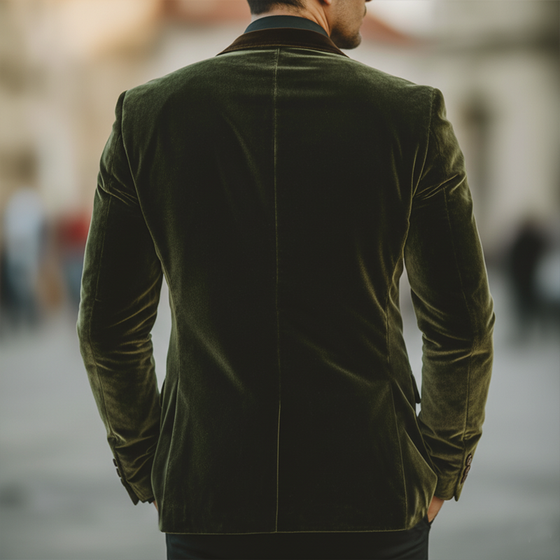 Men's Business Velvet Two-Button Single Vent Color-Block Collar Blazer MTZ0423A9U