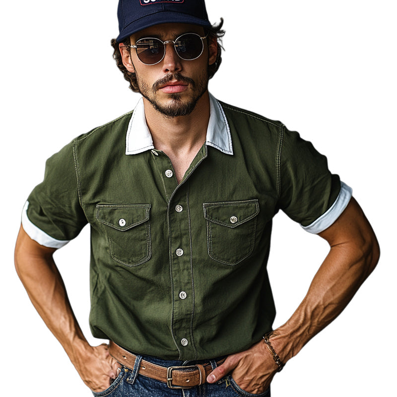 Men's Cotton Lapel Multi-Pocket Short Sleeve Shirt MTA0322F7X
