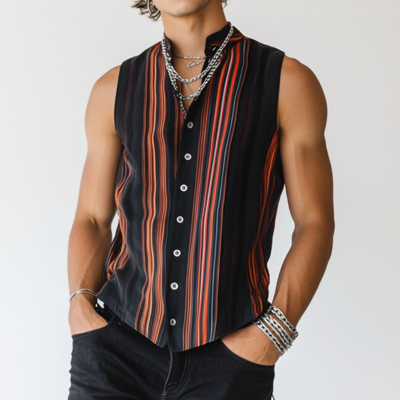 Men's Casual Contrast Color Stripe Print Stand Collar Slim Fit Sleeveless Shirt MTA2885D5M