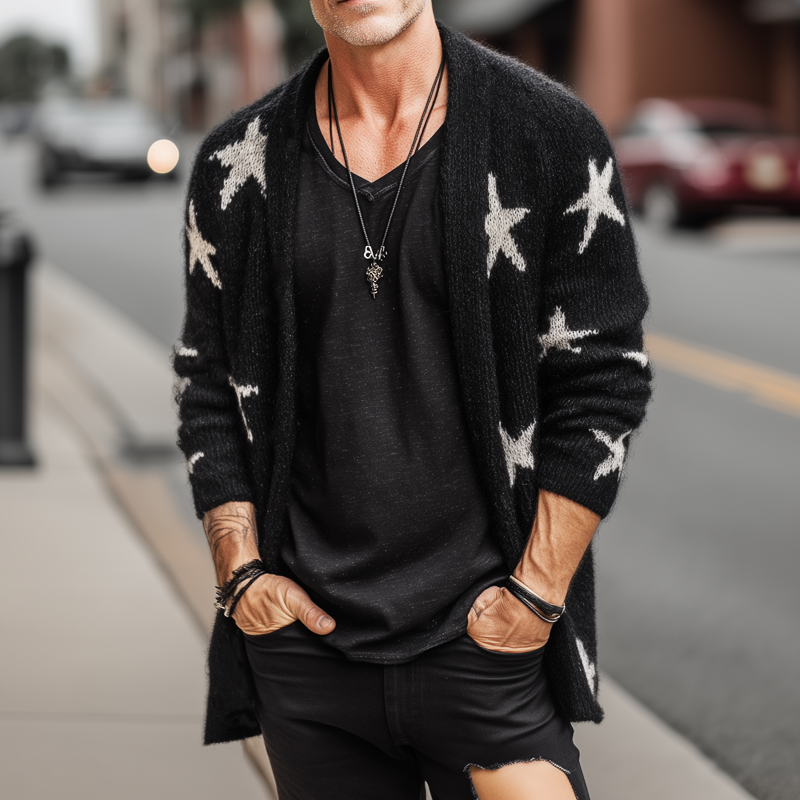 Men's Spring And Autumn Retro Casual Star Knitted Cardigan MTA2841H2U