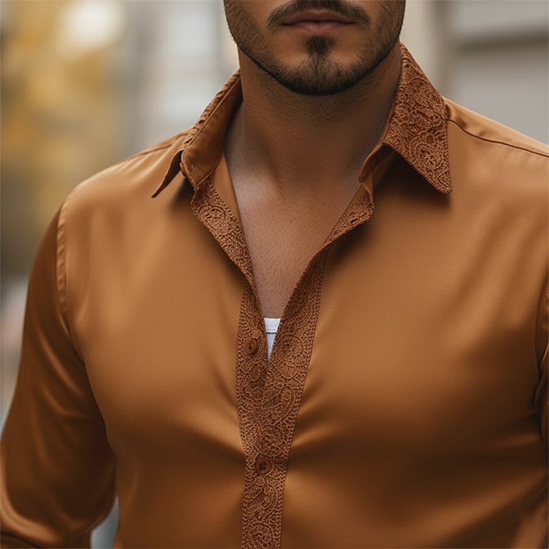 Men's Spring Vintage Lace And Satin Long-sleeved Shirt MTA2513L2P