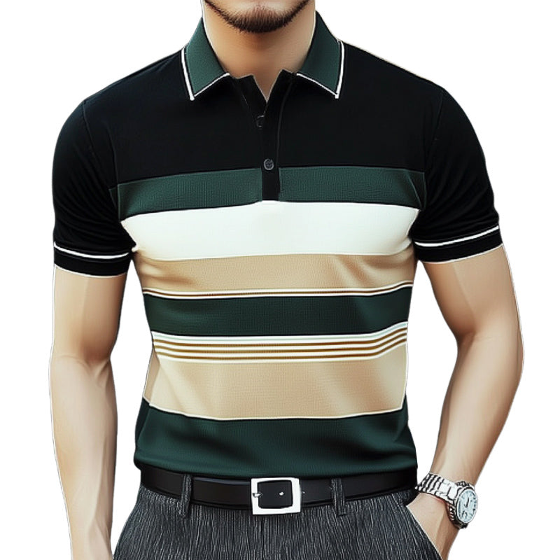 Men's Summer Business Colorblock Knitted Polo Neck Short Sleeve T-Shirt MTA1414E8U