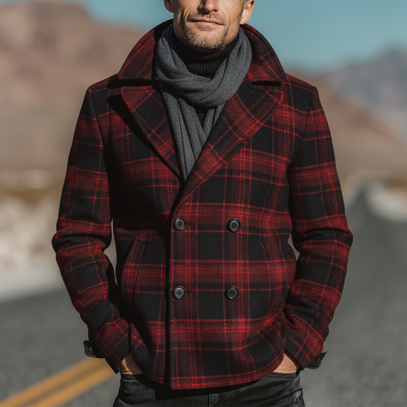 Men's Winter Fashion Plaid Faux Wool Short Lapel Coat MTA1117J4P