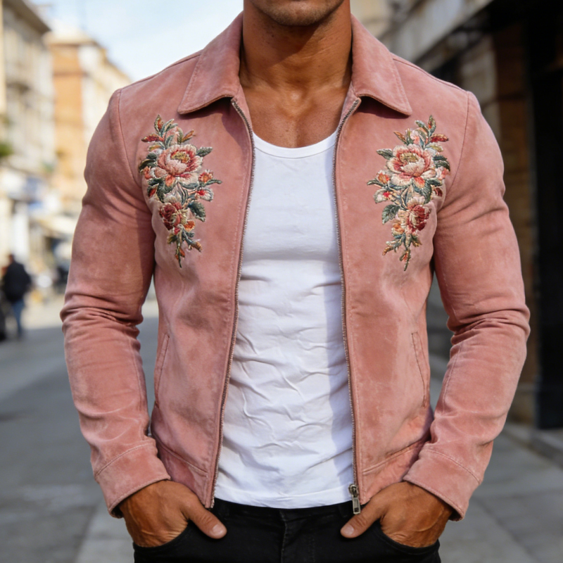 Men's Retro Casual Faux Suede Embroidered Lapel Zipper Jacket MTZ1280A1TO
