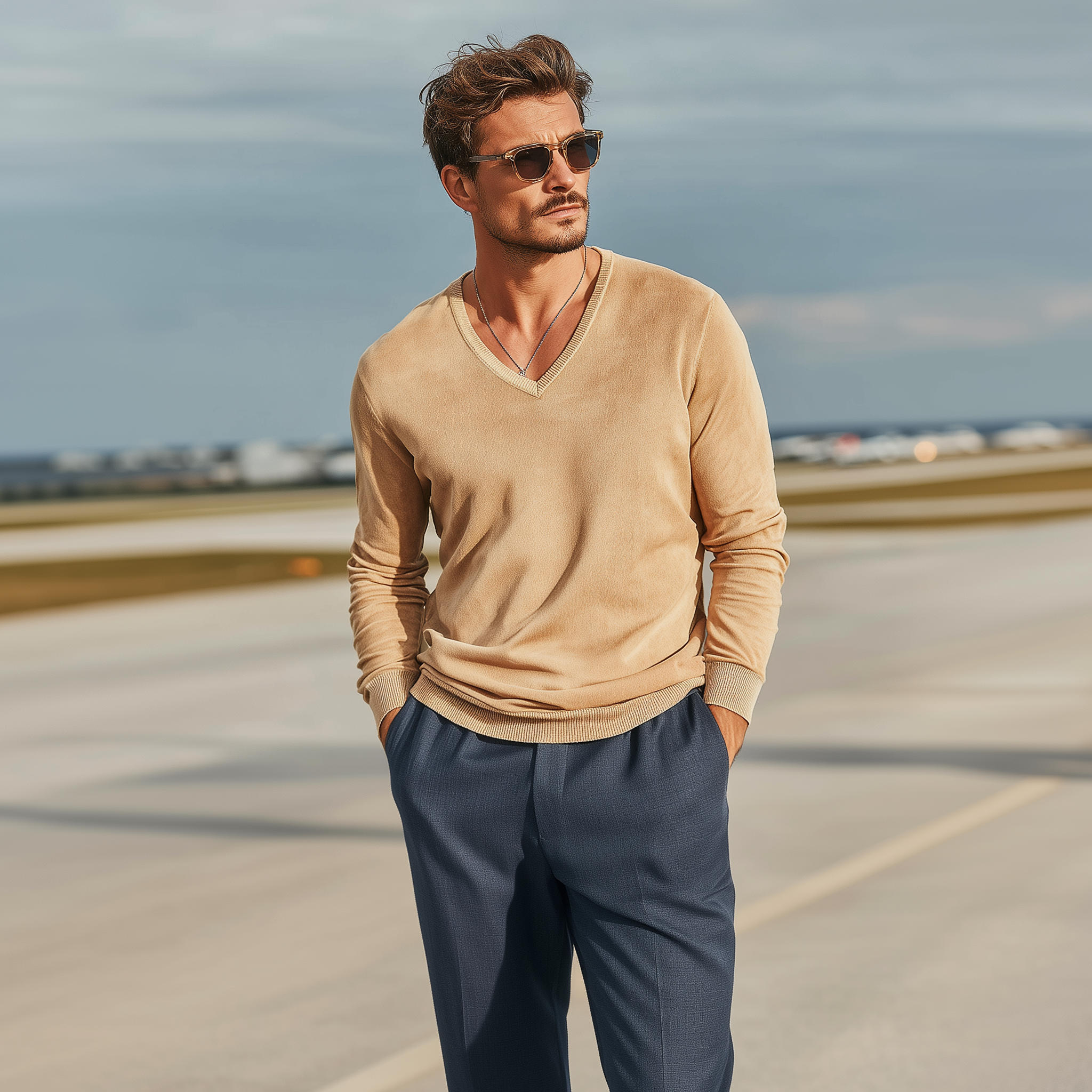 Men's Classic Casual Collar, Cuffs And Hem Ribbed Stitching Thin Suede V-neck Long-sleeved T-shirt MTA2323G5K