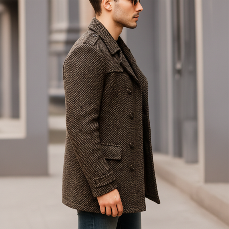 Men's Classic Dark Brown Herringbone Faux Wool Short Coat MTA1586J6U