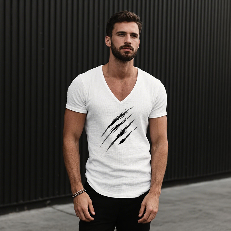 Men's Retro Casual Scratched Printed Cotton V-Neck Short Sleeve T-Shirt MTA1969F0TO