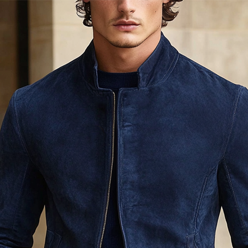Men's Solid Faux Suede Stand Collar Zip-Up Jacket MTA2643H7X