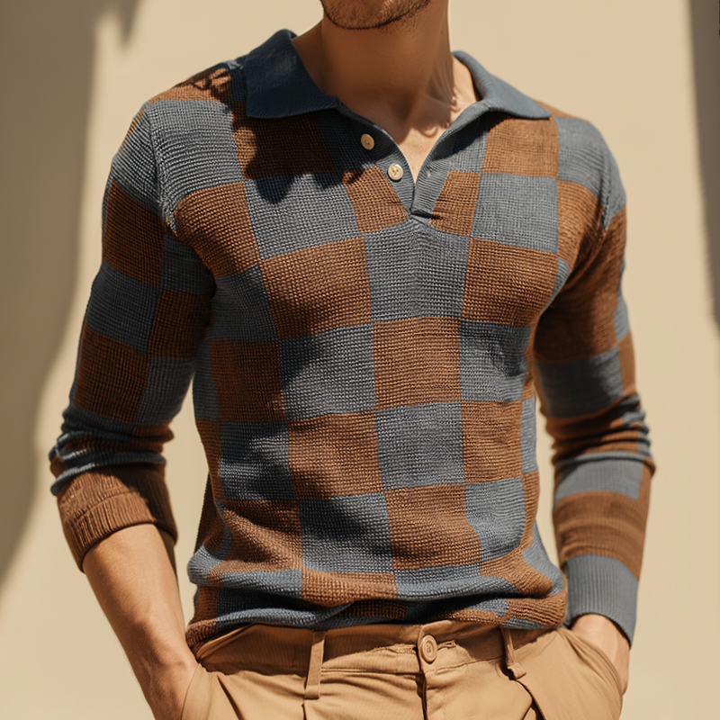Men's Retro Casual Checkered Colorblock Knitted Long Sleeve Polo Shirt MTA2870H6TO