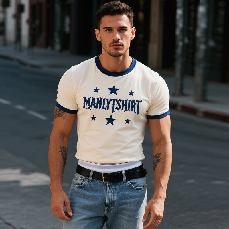Men's Retro Casual Cotton Printed Star Round Neck Short Sleeve T-Shirt MTA2985E4TO