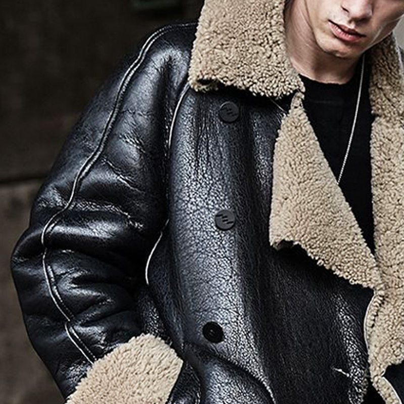 Men's Textured PU Leather And Faux Shearling Double-breasted Short Coat MTA2226I6U