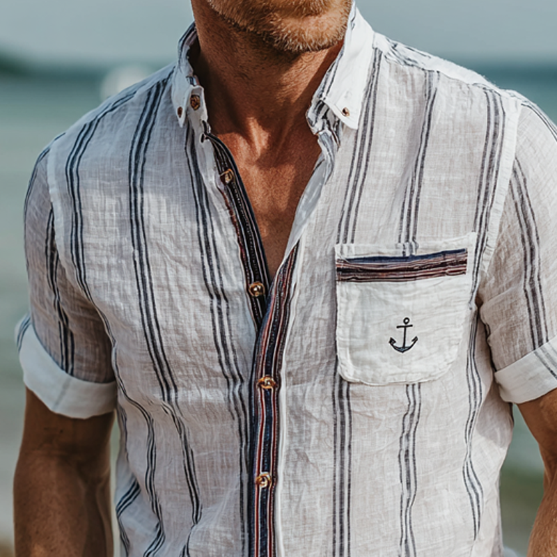 Men's Stripe Print Lapel Short Sleeve Shirt MTA1517G3X
