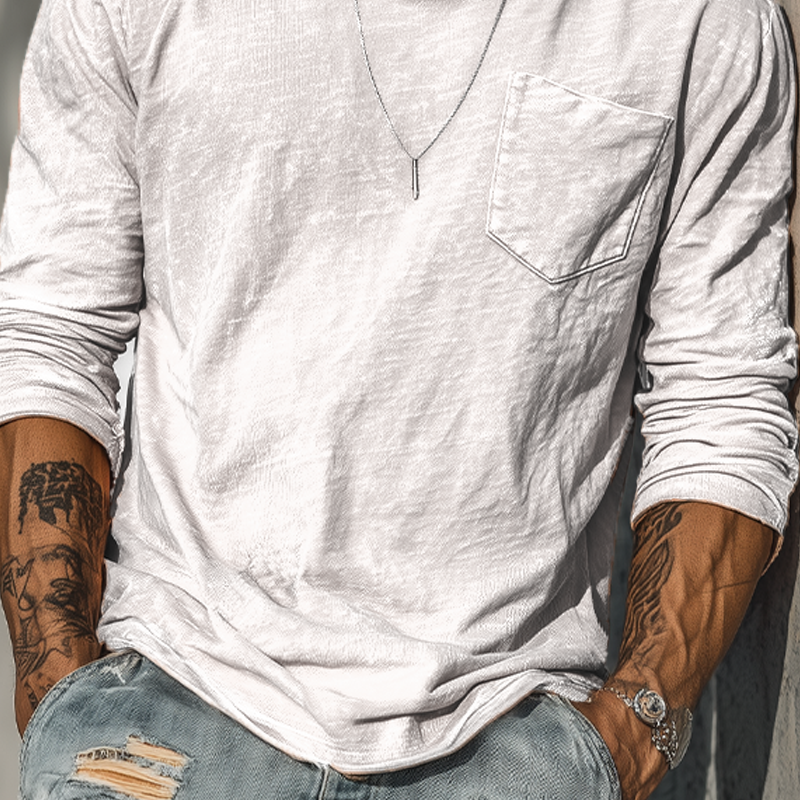 Men's Spring And Summer Casual Tough Guy Style Round Neck Raw Edge Bamboo Cotton Long Sleeve T-shirt MTA1664G4K