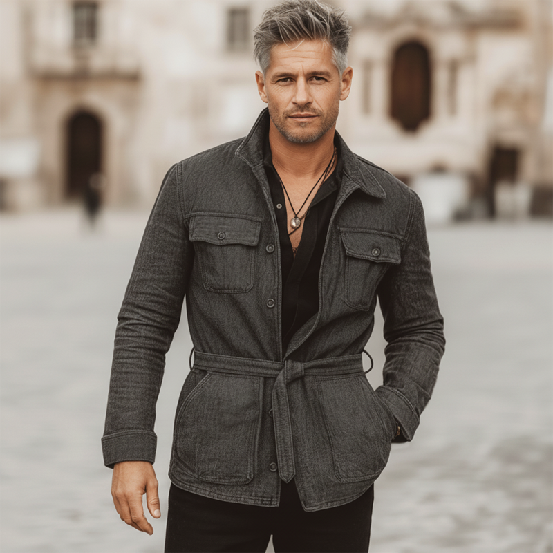 Men's Classic Elegant Dark Grey Blend Belt Laple Jacket MTA3019L5U