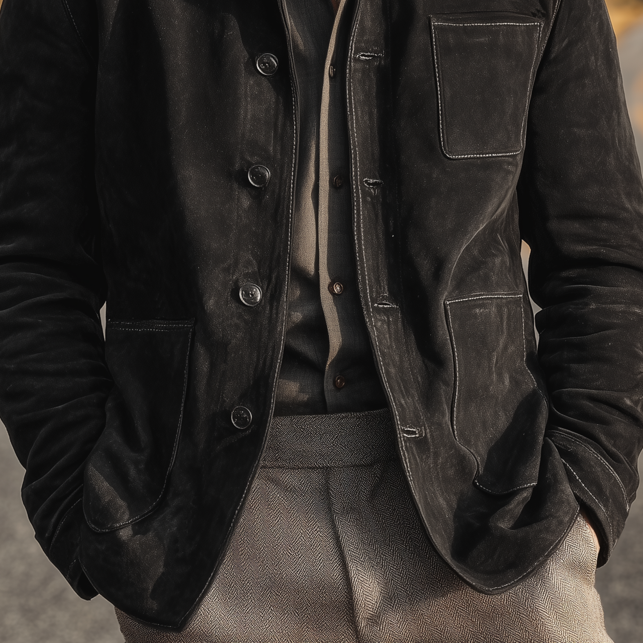 Men's Classic Vintage Stand Collar Multi-Pocket Faux Suede Single-Breasted Jacket MTA1963I1K