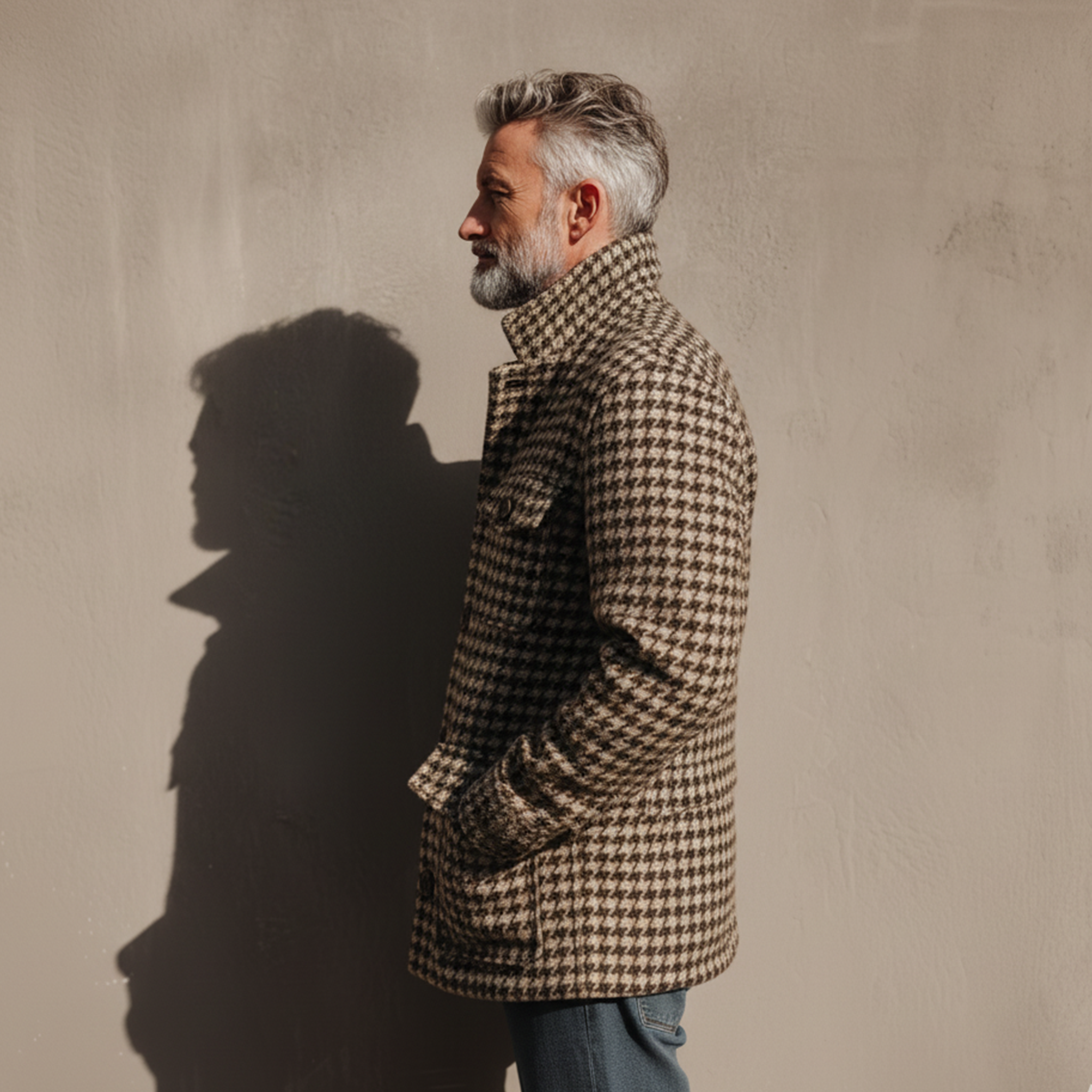 Men's Classic Retro Stand Collar Multi-pocket Faux Houndstooth Woolen Jacket MTA2964I6K