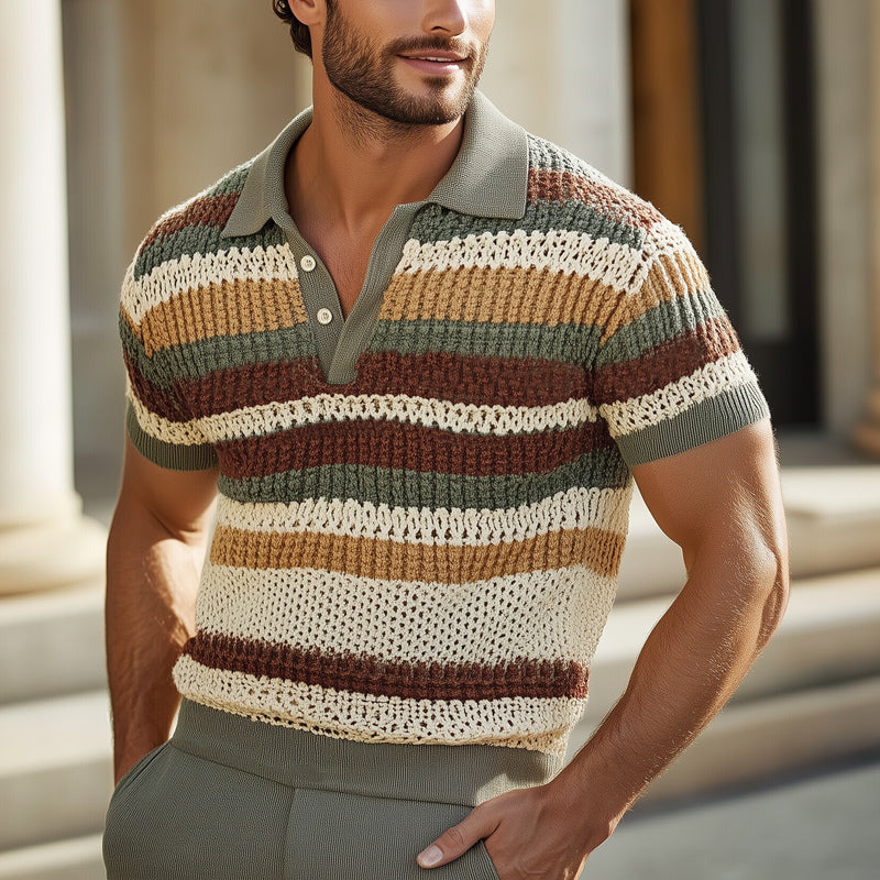 Men's Breathable Fashion Colorful Striped Knitted POLO Shirt MTA0754E3U