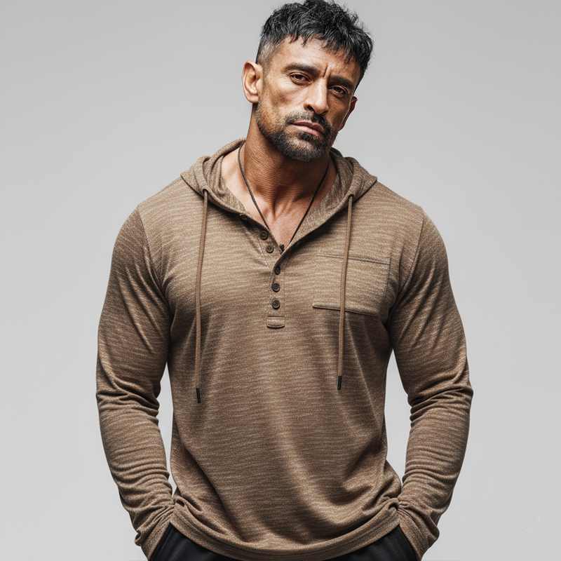 Men's Urban Brown Button-down Collar Hooded Sweatshirt MTZ0900B0U