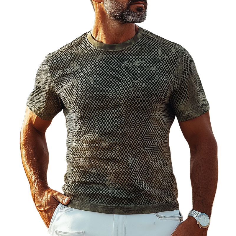 Men's Classic Retro American Western Camouflage Mesh Fabric Slim Short-sleeved T-shirt MTA0506F9K