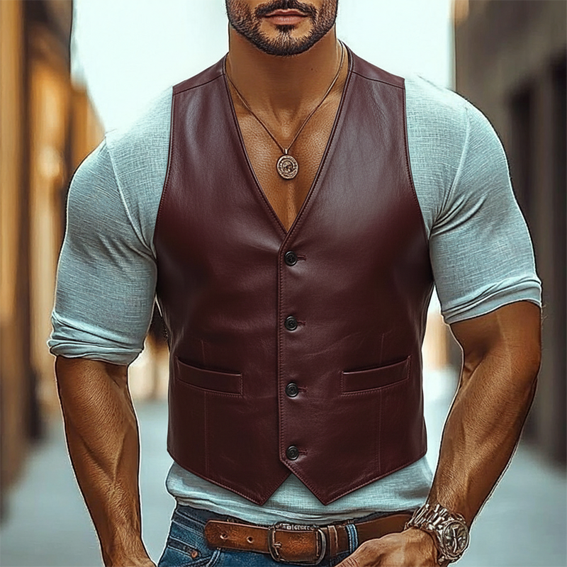 Men's Solid Color Retro V-neck PU Vest MTA0443L3X