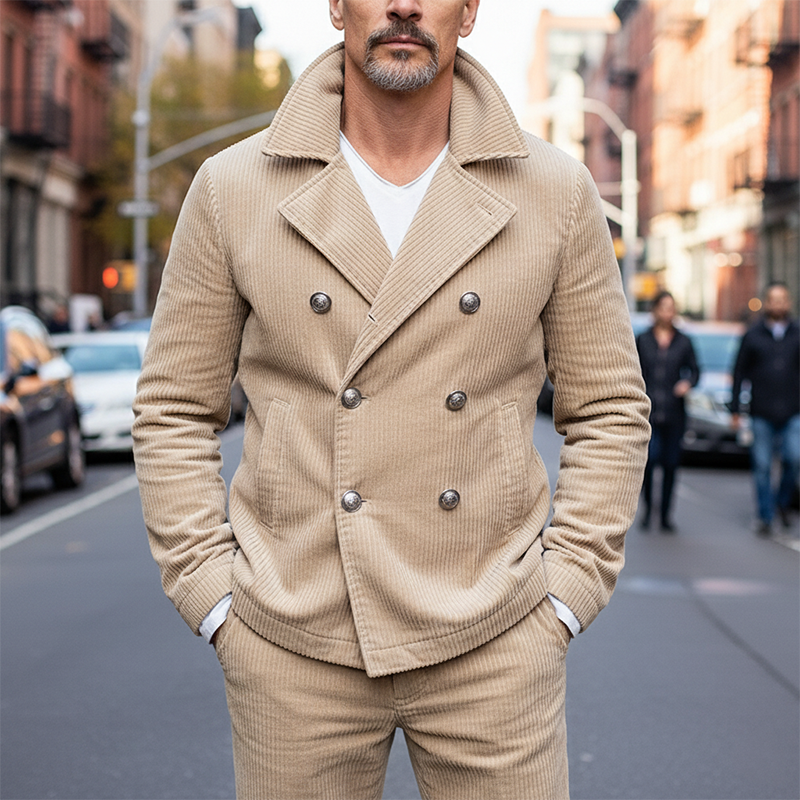Men's Solid Color Retro Corduroy Lapel Double-breasted Jacket MTA0879K0X
