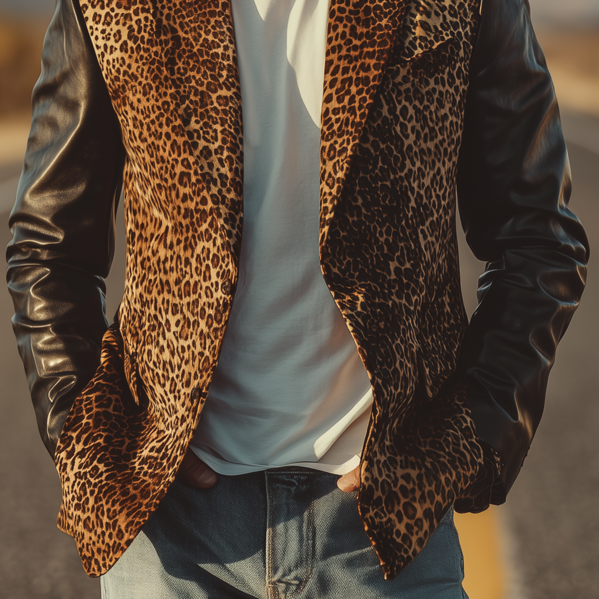 Men's Classic Fashion Leopard Suede Stitching PU Leather Single-breasted Slim-fit Blazer MTA0676H4K