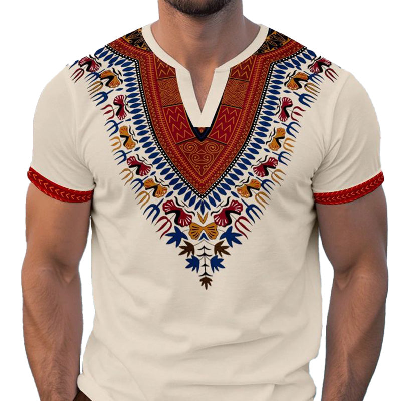 Men's Summer Ethnic Style Printed V-Neck Cotton And Linen Short-Sleeved T-Shirt MTA2213E7P