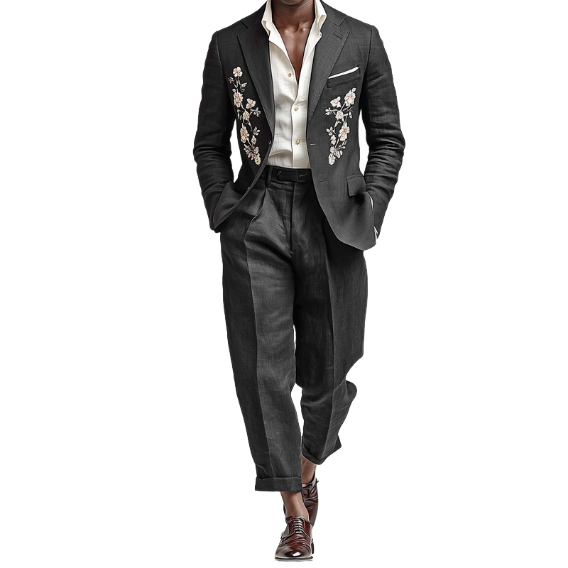 Men's Retro Casual Cotton Linen Embroidered Blazer Two-Piece Set MTZ0406B4TO