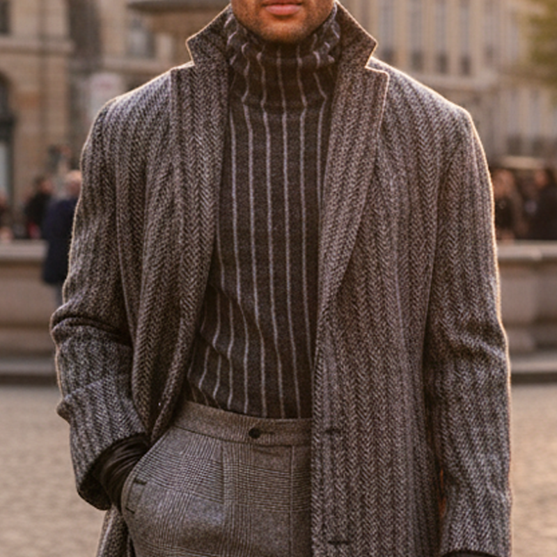 Men's Classic Knee-length Vertical Striped Double-button Coat MTA2348I1U