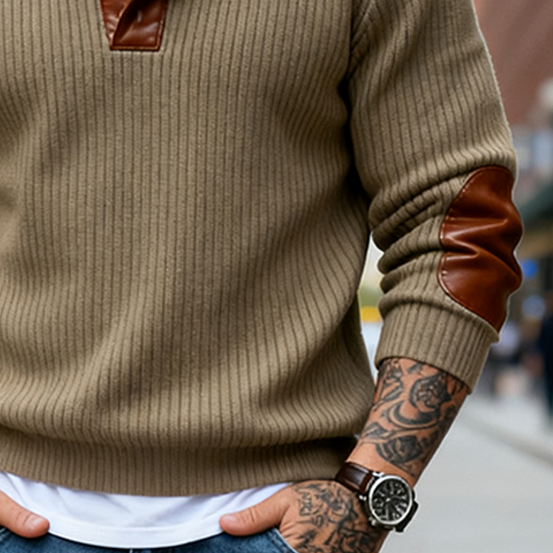 Men's Knitted PU Stand-up Collar Half-high Collar Sweater MTA2533J0X