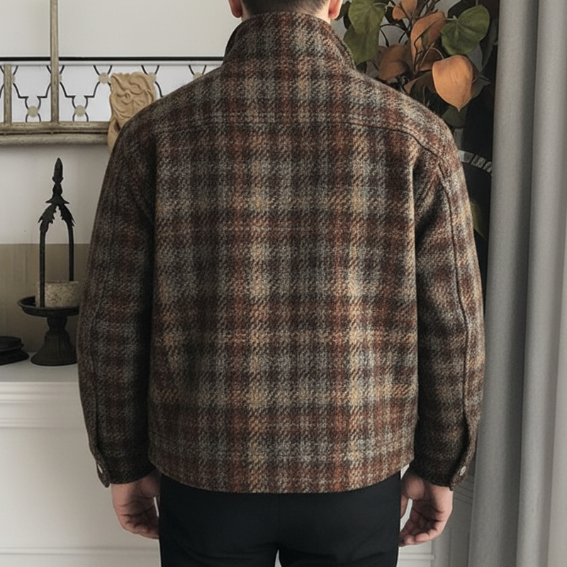 Men's Vintage Plaid Faux Woolen Zipper Stand Collar Jacket MTA1393J9U