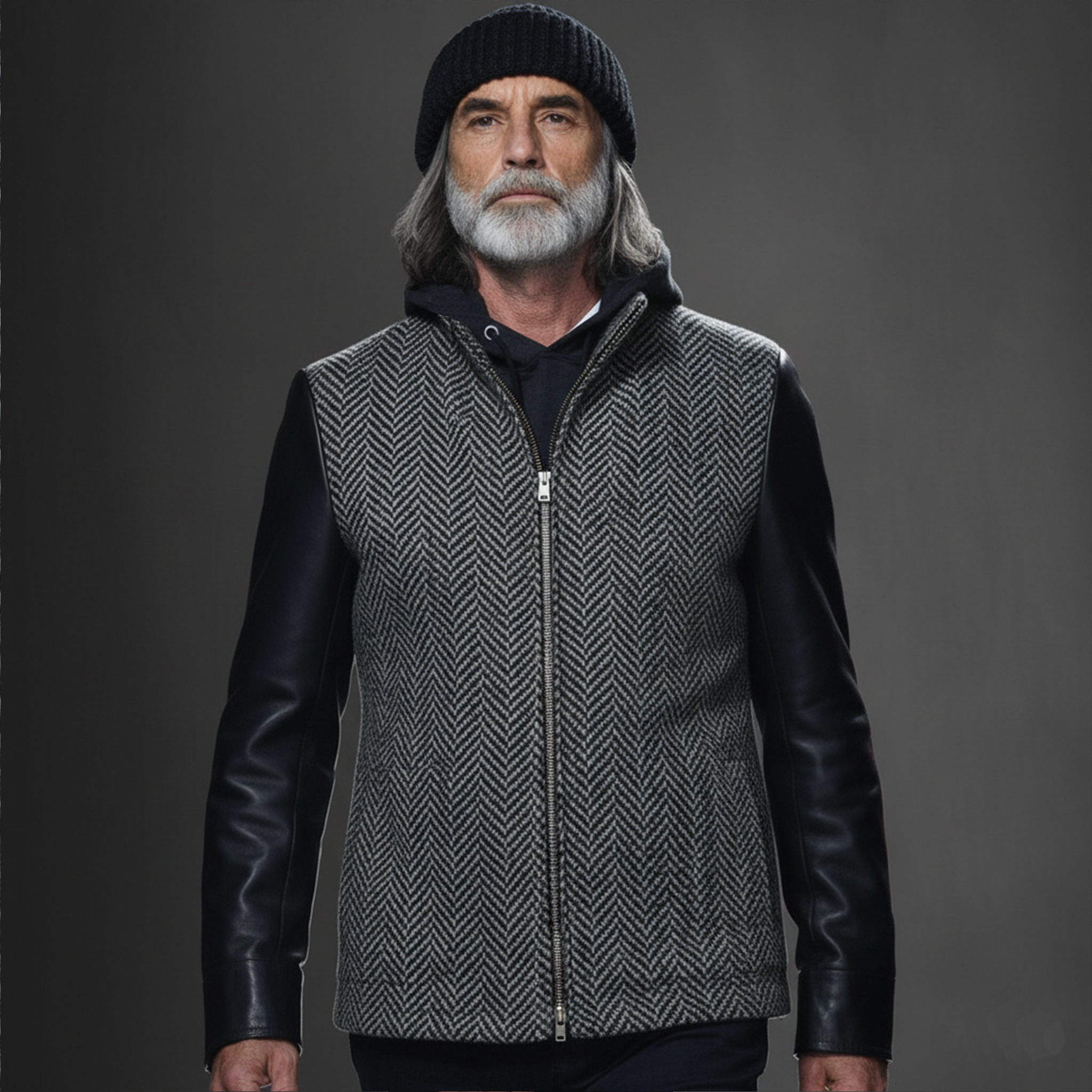 Men's Classic Retro Sleeves Stitching PU Leather Stand Collar Faux Herringbone Woolen Jacket MTA2858I3K