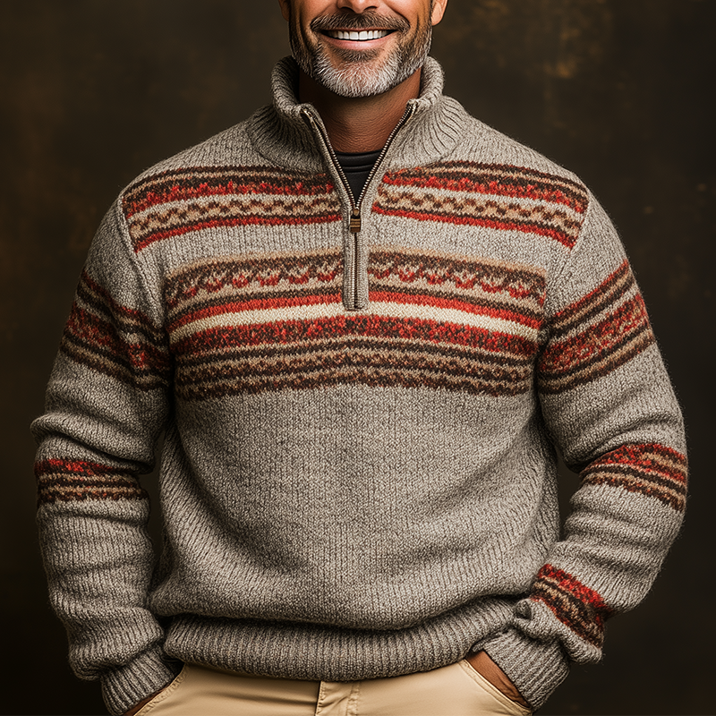 Men's Winter Retro Knitted Jacquard Cotton Yarn Half-Zip Sweater MTA2482K1P