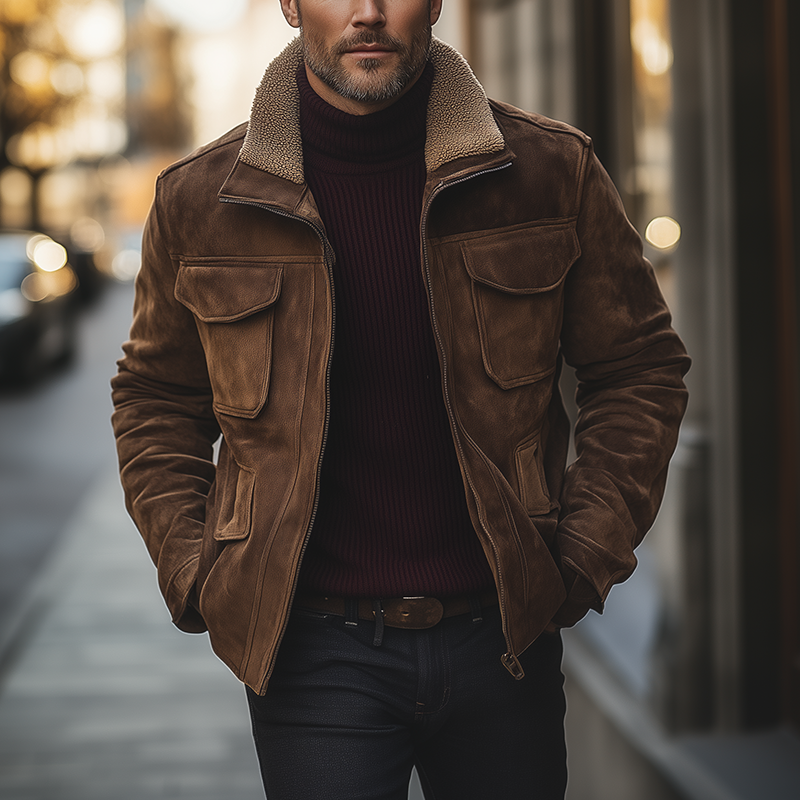 Men's Winter Retro Faux Suede Fleece Lined Lapel Zip-Up Jacket MTA0163K3P