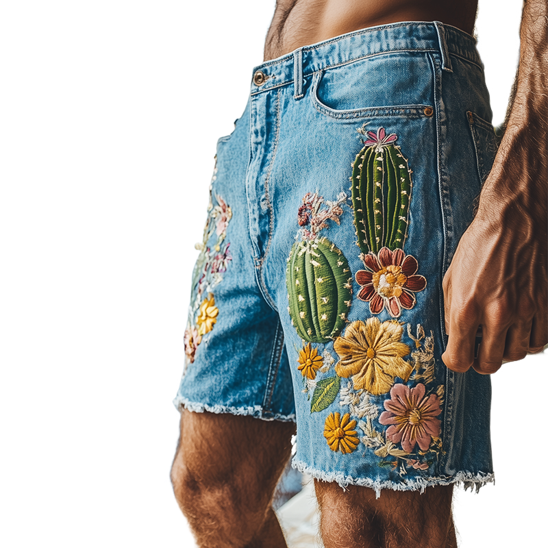 Men's Summer Fashion Italian Sicily Style Washed Denim Embroidered Trousers Hem Casual Shorts MTA1011F8K