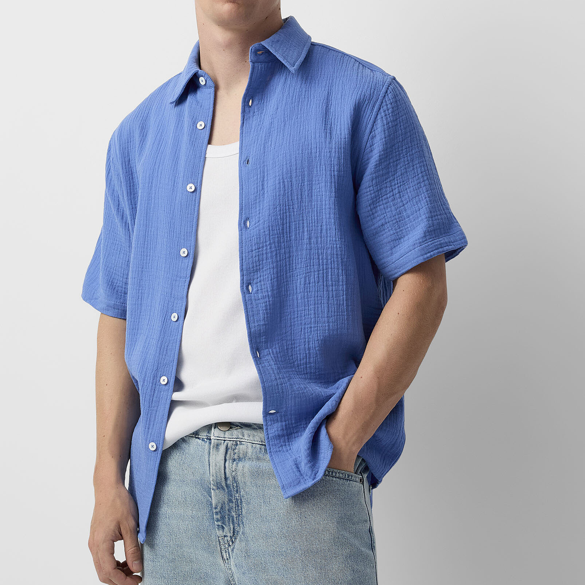 Men's Spring And Summer Casual Pleated Cotton Blended Short Sleeve Shirt MTA1846G9K