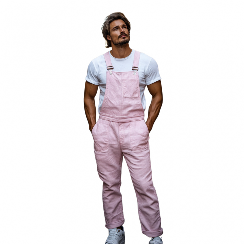 Men's Casual Breathable Linen Solid Color Multi-Pocket Straight Trousers Jumpsuit MTA2716E8M