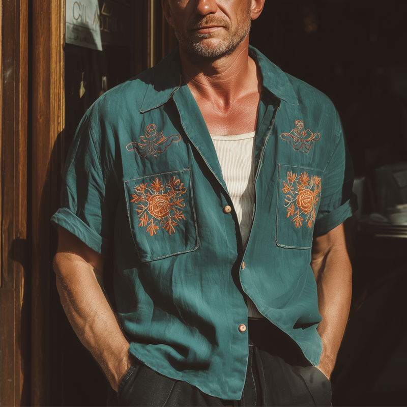 Men's Summer Retro Contrast Embroidery Short Sleeve Shirt MTA1707F3U