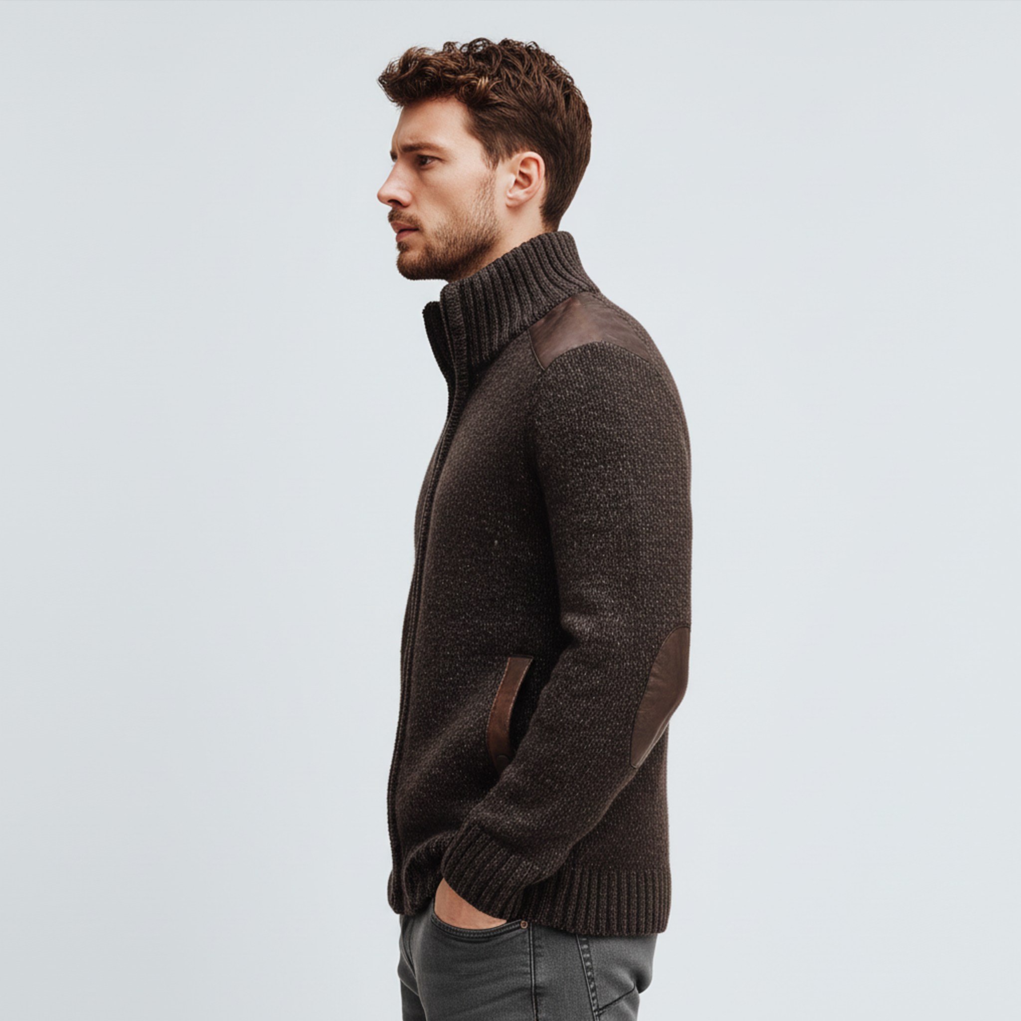 Men's Classic Casual Shoulder And Pocket Stitching PU Leather Stand Collar Zipper Knitted Cardigan MTA0904J8K