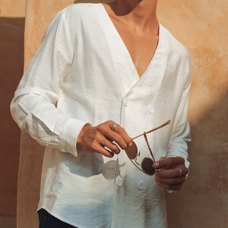 Men's Fashion Casual Tencel Cotton V-neck Double Breasted Long Sleeve Shirt MTA1414G4K