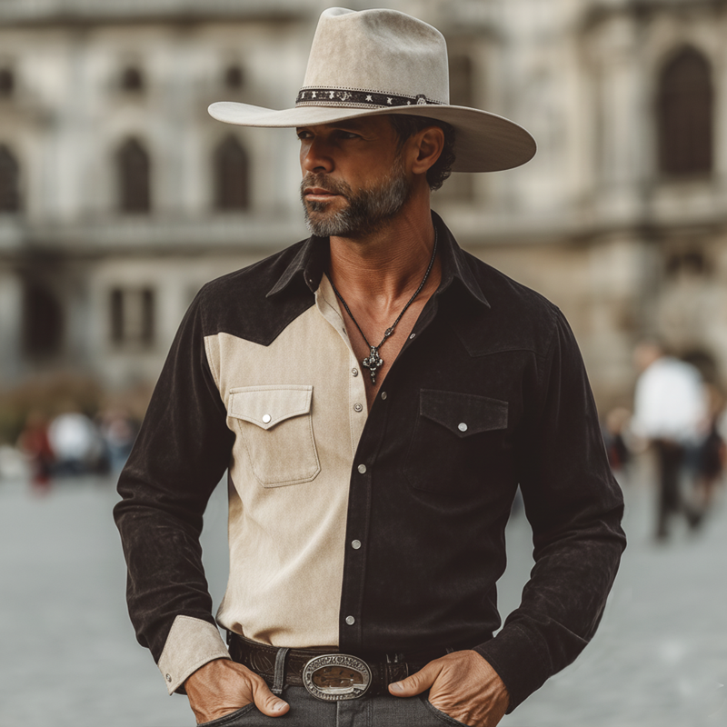 Men's Western-style Color-block Faux Suede Long-sleeved Shirt MTZ0877A8U