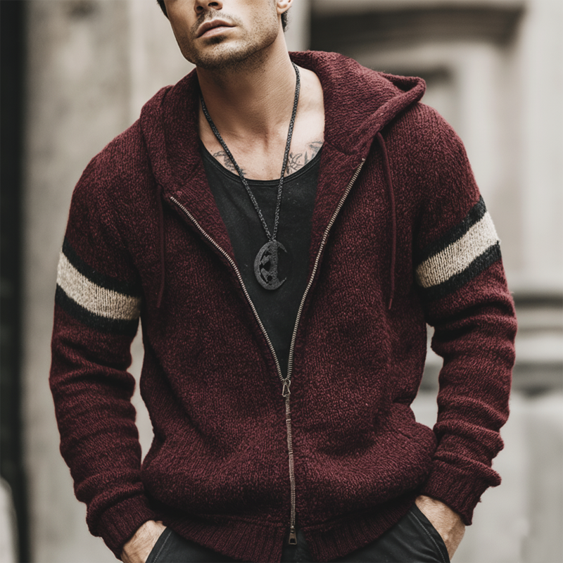 Men's Urban Casual Dark Red Hooded Knitted Zip-up Cardigan MTA0800L4U