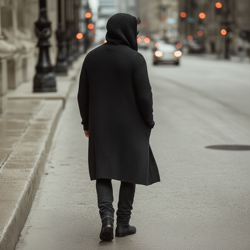 Men's Autumn And Winter Fashion Solid Color Cotton Yarn Knitted Long Hooded Cardigan MTA2378I9P