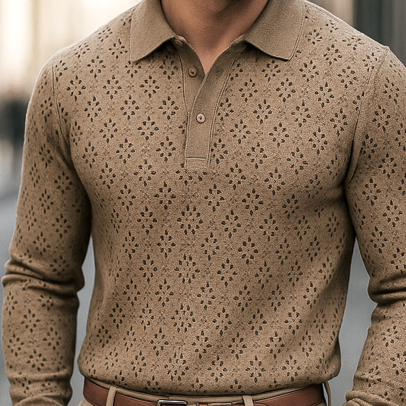 Men's Openwork Knit Lapel Long Sleeve Polo Shirt MTA1407H4Z